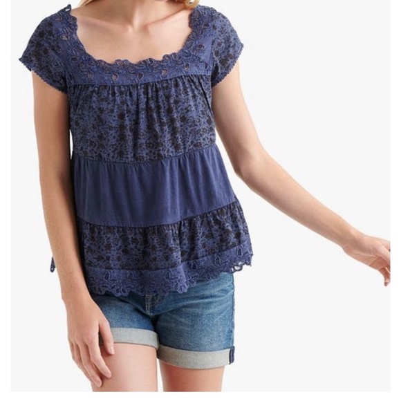 Lucky Brand Cotton Printed Crochet-Trim Top - Picture 1 of 4